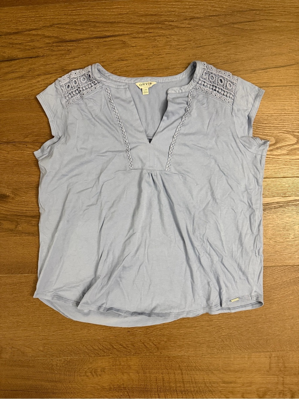 Orvis Pale Blue Crochet-Shoulder V-Notch Top